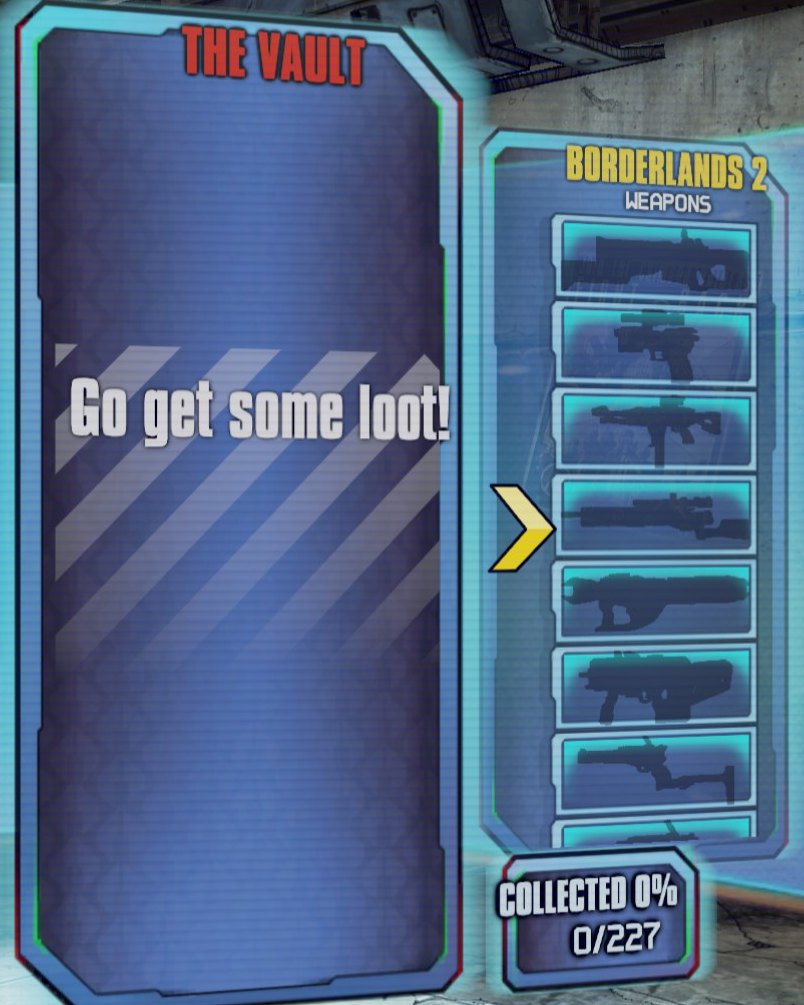 A new character's GunDex: The Vault is empty and reads Go get some loot!, collected 0/227.